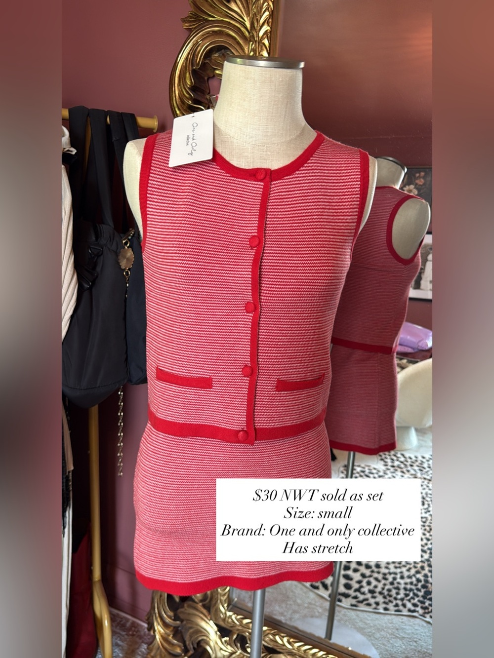 One and Only Collective Red Striped Knit Sleeveless Top w/ matching skirt -Small